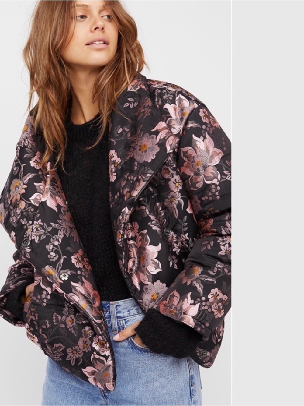 Free People Jacquard Puffer Jacket Floral Quilted - Black & Pink Small